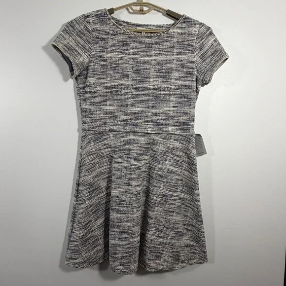 Max Studio Tweed Fit Flare Dress Short Sleeve Textured Blue White Black Sz L NWT - Picture 6 of 8